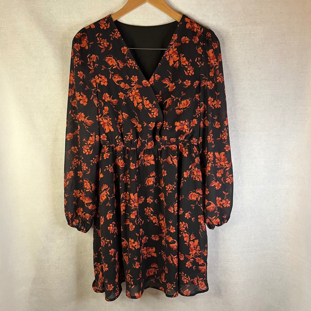Cupshe dress floral chiffon long sleeve black w floral print Sz S casual boho